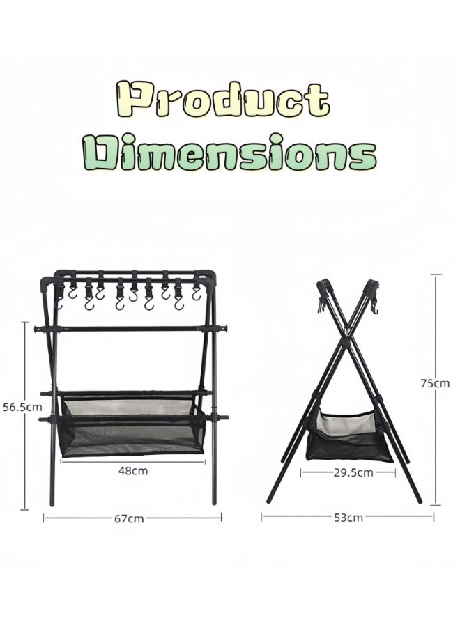 Cookware Hanging Rack, Collapsible Multifunctional Camping Stand, Outdoor Tools Hanging Organizer with Hooks, Multifunctional Tableware Tripod, Storage Shelf with Drying Net - Image 3